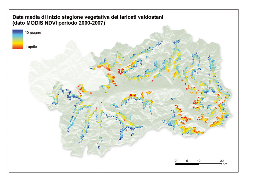 Data media di inizio della stagione vegetativa dei lariceti valdostani, nel periodo 2000-2007.