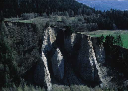 Calanchi modellati lungo la scarpata d'erosione del Torrente Gaboë incisa nei depositi glaciali di fondo.