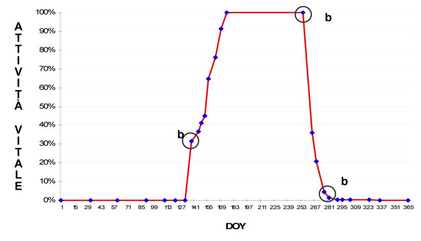Figura 1, ciclo fenologico osservato nel sito di Torgnon (2090 m s.l.m.). Sono evidenziate le date di budburst (b1), di inizio ingiallimento (b2) e di fine stagione vegetativa (b3). (DOY = Day of Year).