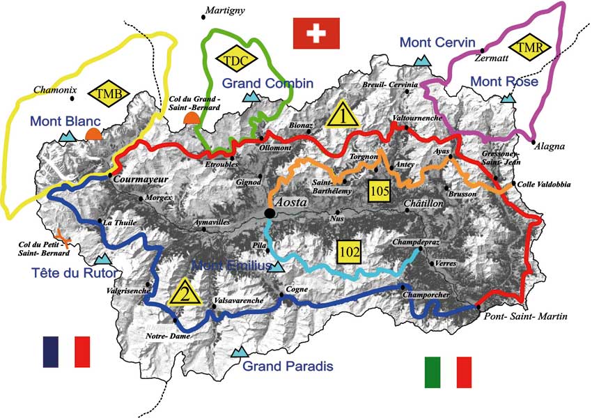 La cartina riepilogativa dei principali percorsi escursionistici di più giorni sul territorio della Valle d’Aosta.