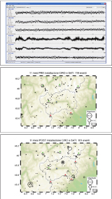 A partir du haut, exemple de forme d'onde des stations CIRO et SATI. Carte des séismes avant et après l'installation des stations CIRO et SATI