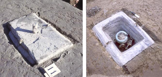Tombe 11 ferme (fouilles 1972-1973), munie dun conduit en plomb, puis ouverte, avec son mobilier funraire 