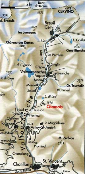 La Valtournenche con Chamois evidenziato in rosso.