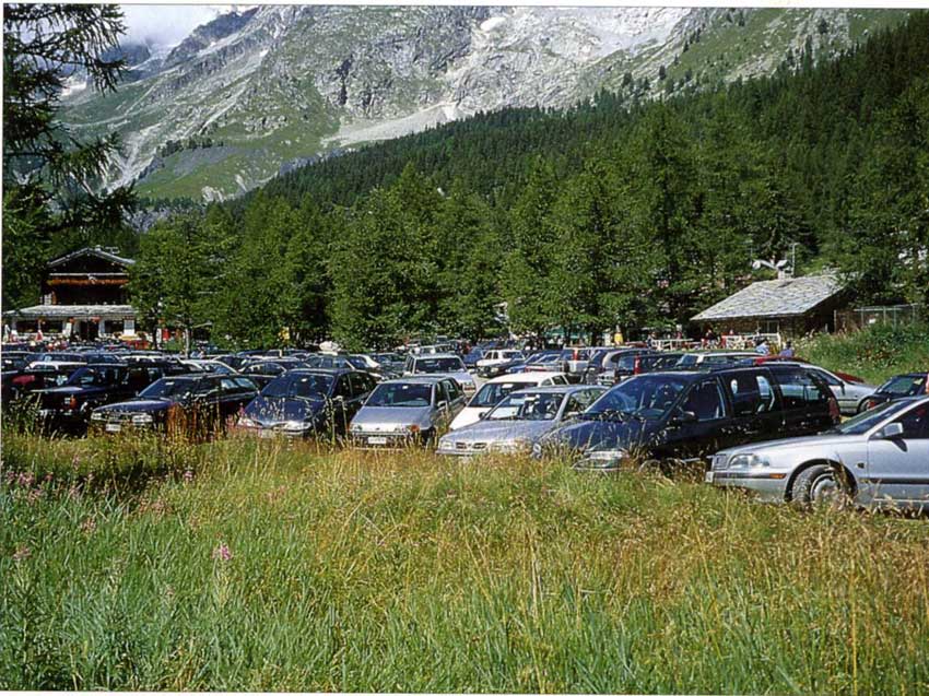 Automobili parcheggiate in Val Ferret.