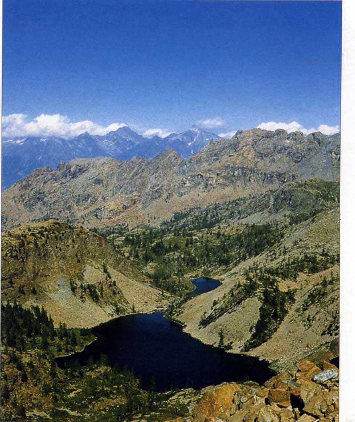 I laghi Cornuto (in primo piano) e Nero occupano il fondo di un solco roccioso, ingombro di detriti, che attraversa l'angolo sud della valle.