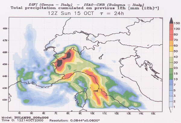 La cartina delle precipitazioni di domenica 15 ottobre 2000: in evidenza la concentrazione delle piogge sull'Italia centro-settentrionale