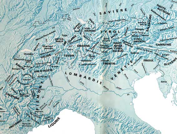 Vista d'insieme delle regioni dell'arco alpino (tratto da "Histoire et civilisations des Alpes", P. Guichonnet, Privat/Payot, 1980).