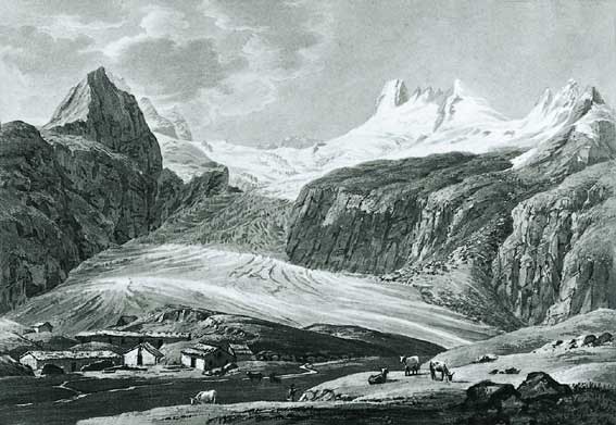 Il ghiacciaio del Mont Dolent (disegno di J. F. d'Ostervald, 1826).