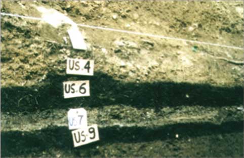 Particolare del sito UT 1 in cui risultano evidenti strati di carbone corrispondenti a tracce di carbonaie dei secoli scorsi (US 6 e US 9).