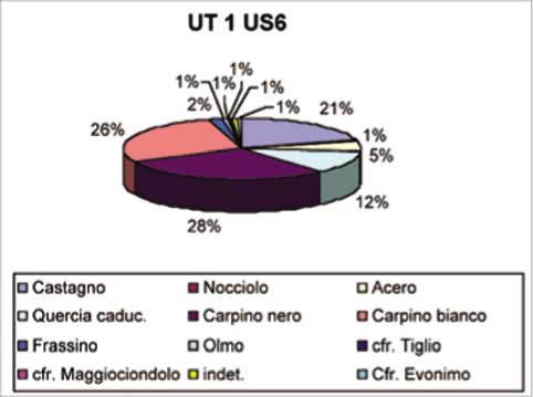 Spettro antracologico dei campioni dell'US6; il castagneto è stato sostituito da un ceduo misto la cui composizione risulta molto varia.