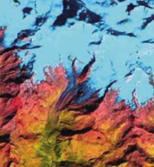 Immagine dei ghiacciai del Monte Rosa ripresa dal satellite Landsat-TM il 15.9.92 (Landsat-TM, copiright ESA distributed by Eurimage).