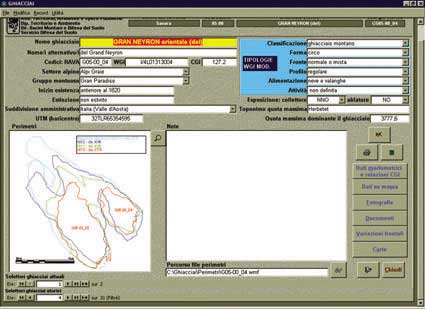 Una schermata della Banca Dati Glaciologica, che da informazioni sull'evoluzione dei ghiacciai.