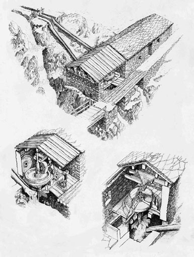 Les moulins du Petit-Monde à Torgnon, dessin de Francesco Corni réalisés pour l'exposition d'Architecture rurale qui s'est déroulée à Torgnon en automne 1988, publiés par la Commuauté de Montagne du Marmore (dir. M.-C. Ronc), in "La Valle del Cervino", 1990, p. 22.