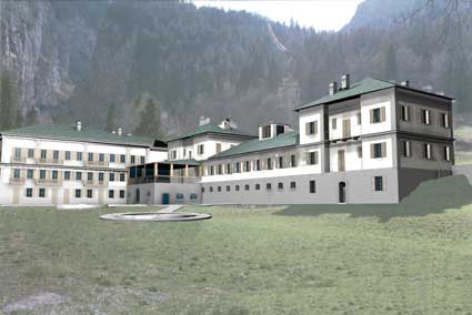 Simulazione tridimensionale del progetto di restauro delle Terme e del nuovo albergo di Pré-Saint-Didier.