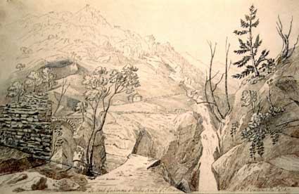 H.A. Fortescue, Veduta dell'orrido di Guillemore, disegno con acquerellature, 1817.