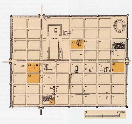 Augusta Praetoria: planimetria della città romana con indicazione degli stabilimenti termali pubblici (thermae) e privati (balnea).