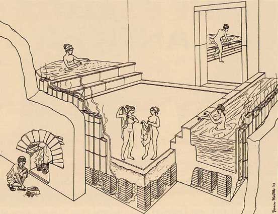 Ricostruzione di un calidarium (bagno caldo) con suspensurae e tubuli per il riscaldamento.