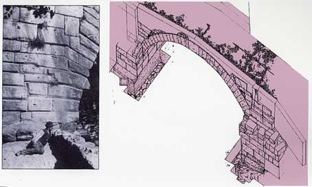Il ponte di Pont-Saint-Martin: a sinistra un particolare del piedritto ritratto in un ’antica immagine.