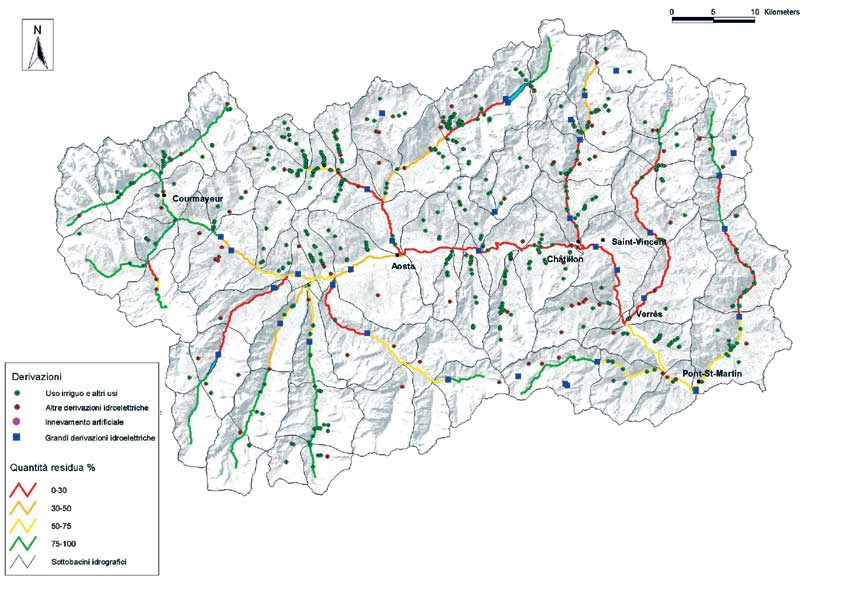 Bilancio idrico dei corsi d'acqua con rappresentazione delle quantità residue in percentuale.