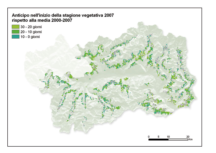 Anticipo dell'inizio della stagione 2007 rispetto alla media del periodo 2000-2007. In grigio scuro sono rappresentati i pixel in cui non è stato osservato alcun anticipo.