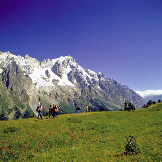 Un gruppo di escursionisti in cammino verso il Rifugio Bertone.