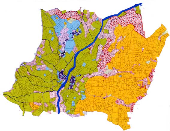 Challant Saint-Victor: carta degli usi agrari all'inizio del secolo scorso. In giallo l'estensione dei seminativi (cereali), in verde il prato irriguo.