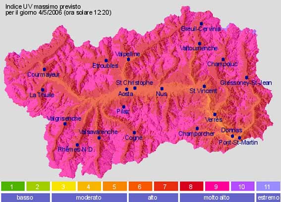 Figura 5, mappa di previsione dell’indice UV sull’intero territorio regionale (valore massimo giornaliero). I colori sono quelli standard definiti dal WMO.