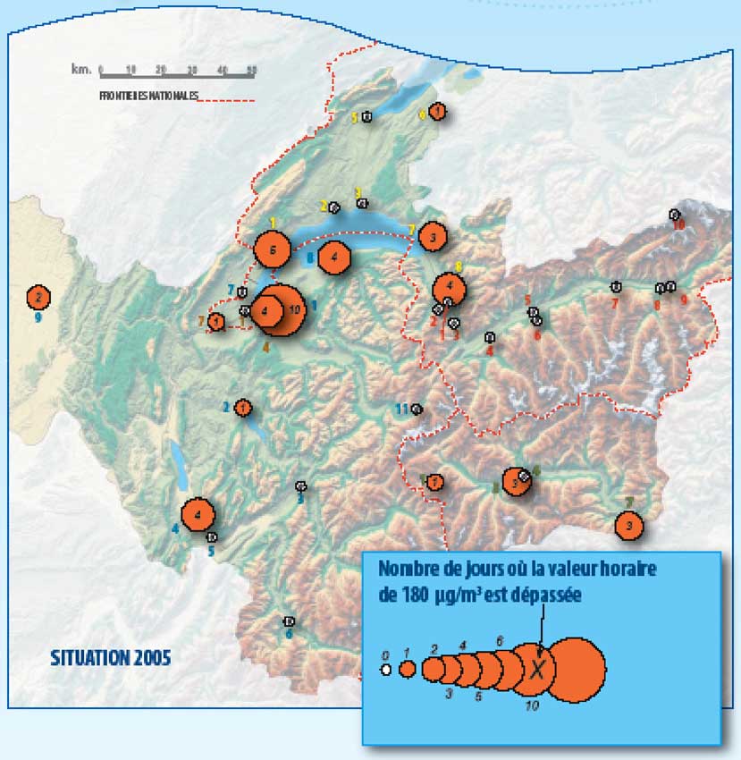 Figura 1, numero dei giorni in cui è stato superato il valore medio orario di 180 µg/m3 nel 2005; nell’area valdostana sono stati: 1 a La Thuile, 3 a Mont Fleury in Aosta, nessuno in piazza Plouves ad Aosta, 3 a Donnas.