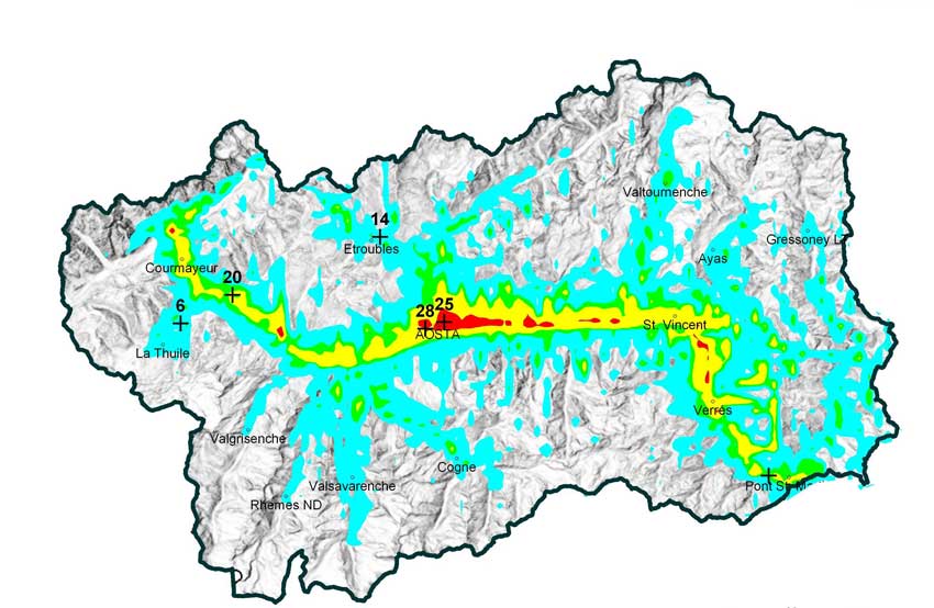 Figura 4, concentrazioni medie annue di NO2 sul territorio della Valle d’Aosta stimate con i modelli di dispersione.