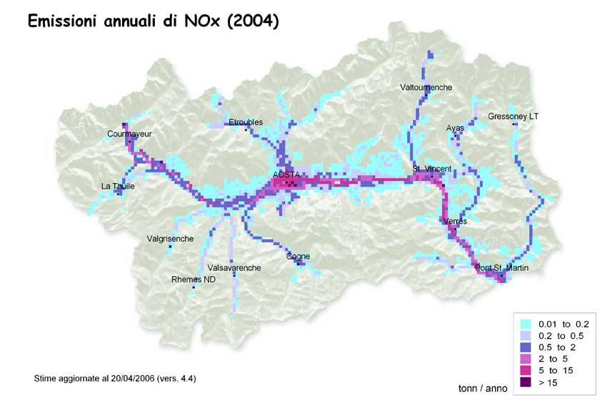 Figura 1: rappresentazione delle emissioni totali annuali di ossidi di azoto per maglie territoriali di 500 metri di lato.