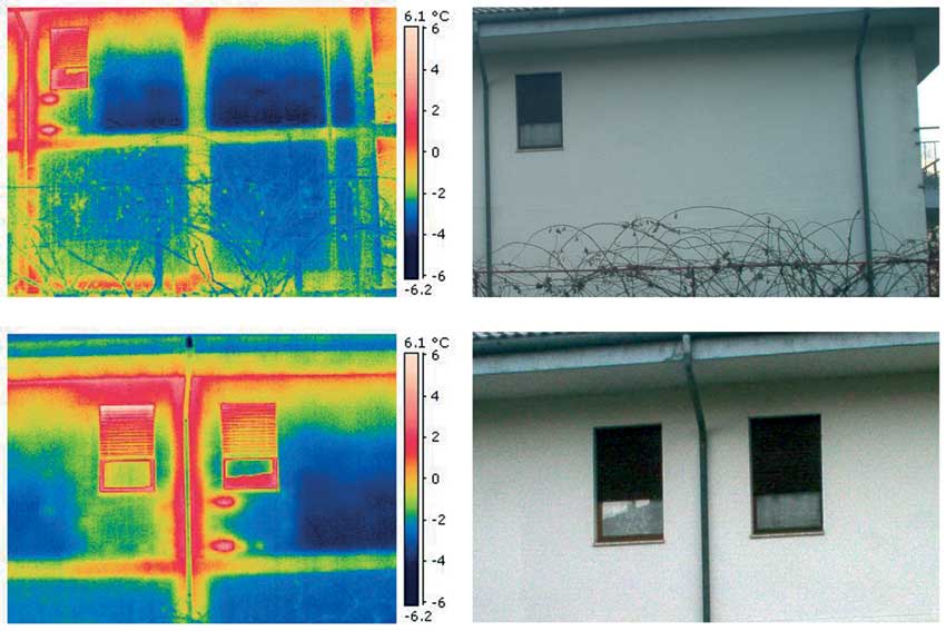 Esempio di termografie: risalta lo scheletro della struttura portante in calcestruzzo armato con le travi di cordolo perimetrale (in alto) e la presenza di pilastri (in basso), privi di isolamento. L’anomalia termica causata dalla disomogeneità geometrica è ampliata probabilmente dall’assenza di coibentazione della parete.evidenti le tracce di muffe.