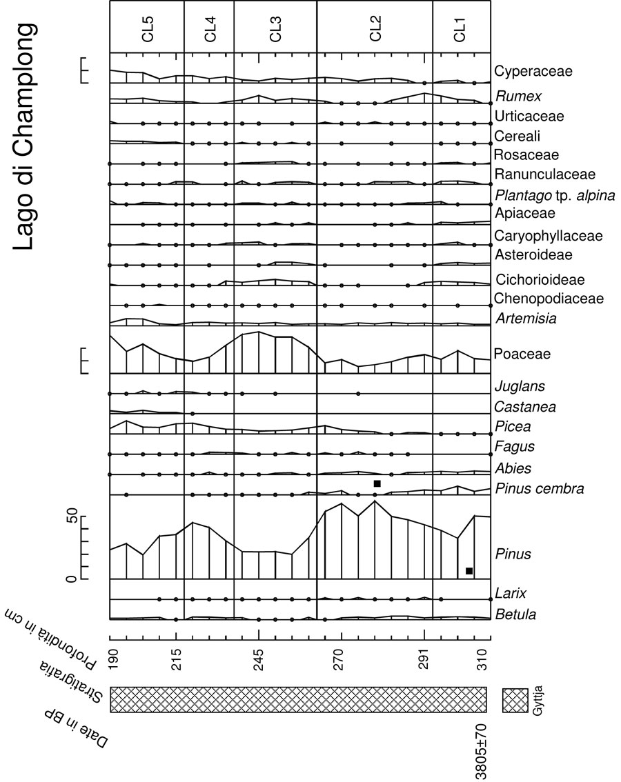 Figura 4: sequenza pollinica semplificata, il quadrato indica la presenza di macroresti - lago di Lod.