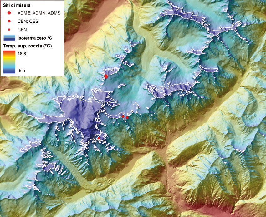 Figura 5: distribuzione delle temperature superficiali delle pareti rocciose nel massiccio del Monte Bianco ricavata dalle temperature medie annue acquisite nell’ambito dell’azione PERMA_TEMP.