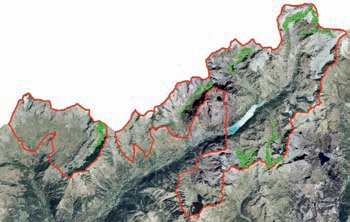 Area di studio e delimitazione del bacino oggetto d'indagine, in verde i punti di misura nei diversi settori.