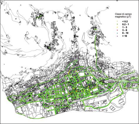 Misure di campo magnetico generato da elettrodotti sul reticolo stradale (limite normativo di 10 µT per le case esistenti al 2003).