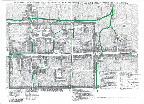 Plan de la ville d’Aoste en 1730, d’après l’Historique de la Vallée d’Aoste de J.-B. de Tillier.