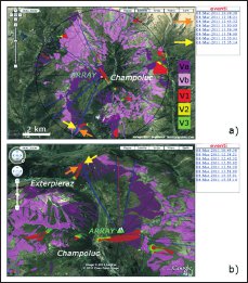 Esempio di restituzione dei risultati del monitoraggio infrasonico. Le informazioni sono aggiornate in tempo reale e visibili sul web (http://lgs.geo.unifi.it/champoluc). Nell’esempio è riportato l’orario di accadimento (a destra in blu) e la direzione di provenienza (linee blu) rispetto all’Array (triangoli) dei segnali infrasonici identificati nelle 24 ore tra le 08:00 GMT dell’8 marzo 2011 e le 08:00 GMT del 9 Marzo 2011. Le informazioni sono riportate su supporto cartografico (Google Map e Google Earth) dove è stata sovrapposta la mappa del rischio valanghe (Va-V3)