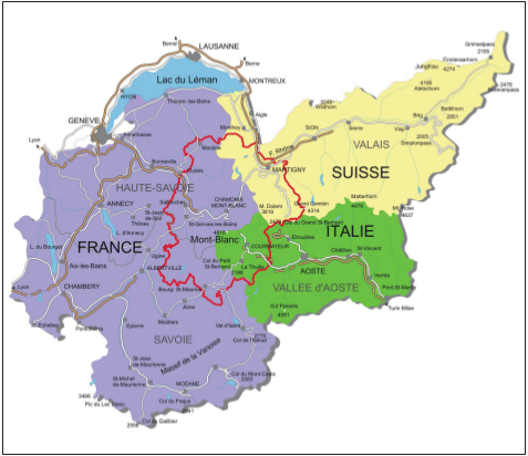 delimitato in rosso, il territorio dell’Espace Mont-Blanc.