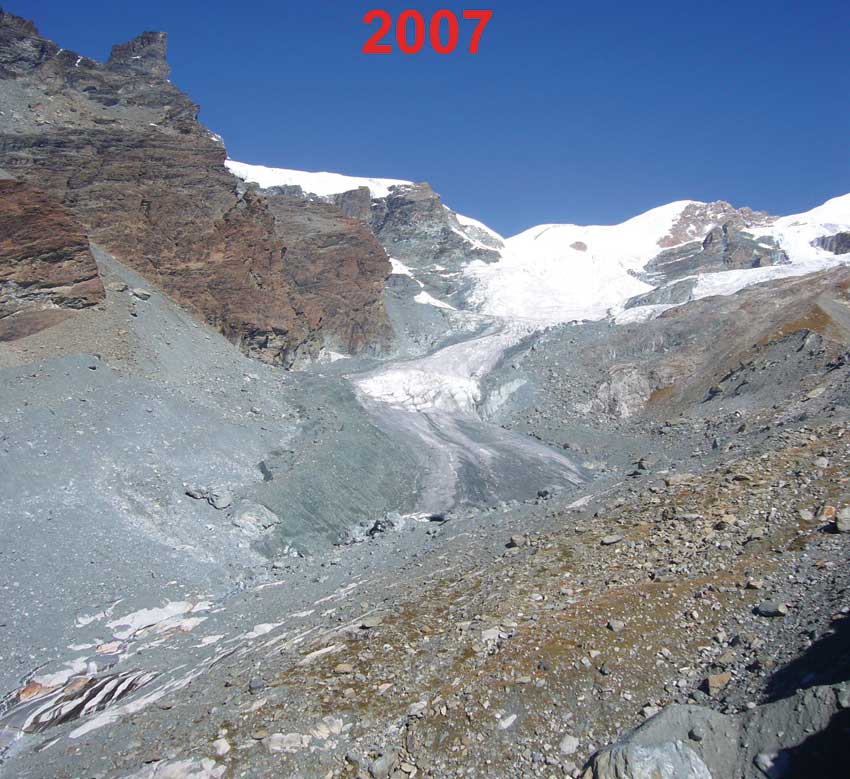 Il Ghiacciaio Grande di Verra ripreso dalla morena laterale sinistra relativa alla Piccola Età Glaciale.