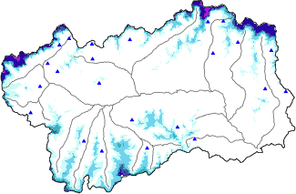 Altezza neve al suolo + dati stazioni automatiche (AWS) e Modelli 1 AINEVA (MOD1) oltre i 2000 m