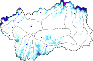 Altezza neve al suolo + dati stazioni automatiche (AWS) e Modelli 1 AINEVA (MOD1) oltre i 2000 m