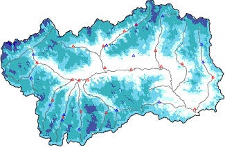 Snow depth + automatic weather station data (AWS) + Modello 1 AINEVA (MOD1) data below 2000 m