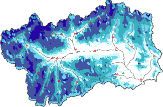 Altezza neve al suolo + dati stazioni automatiche (AWS) e Modelli 1 AINEVA (MOD1) sotto i 2000 m