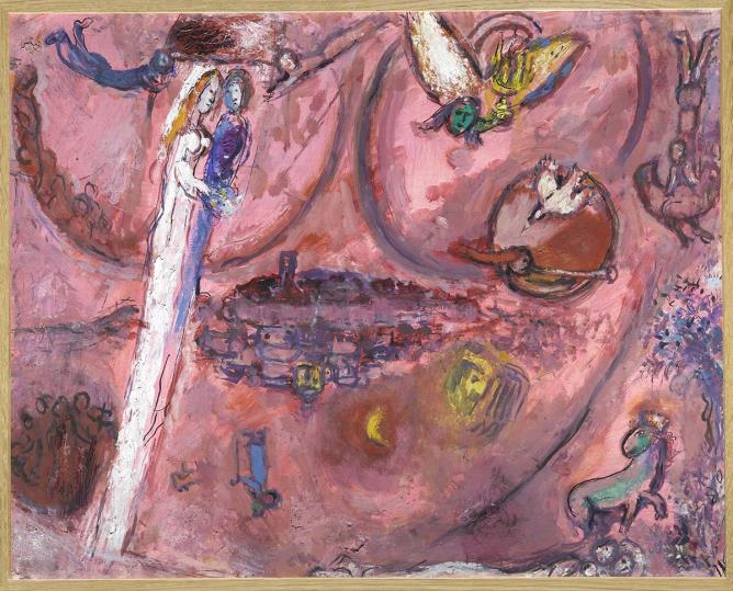 "Bozzetto per Il Cantico dei Cantici III", 1957. Olio su carta intelata, 48 x 59,5 cm. Nizza, Musée National Marc Chagall, MBMC 233. Credit: © Chagall ®, by Siae 2026 RMN-Grand Palais (musée Marc Chagall) / Gérard Blot. Dist. Photo SCALA, Firenze