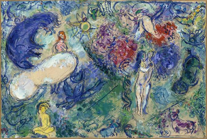 "Bozzetto per Il Paradiso", 1961. Olio e gouache su carta intelata 48 × 72 cm.  Nizza, Musée National Marc Chagall, MBMC 81. Credit: © Chagall ®, by Siae 2026 RMN-Grand Palais (musée Marc Chagall) / François Fernandez. Dist. Photo SCALA, Firenze
