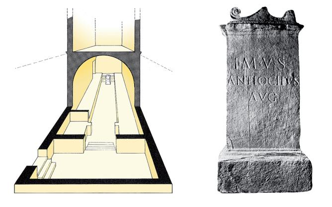 Reconstruction axonométrique d’un mithreum et autel votif dédié à Mithra (IIe-IIIe siècles ap. J.-C.) découvert au cours des fouilles de l'insula 59 et portant l’inscription Antiochus augustalis.