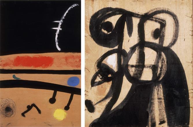 Joan Miró | À gauche : Sans titre, sans date, huile et crayon sur contreplaqué, 100x64,5 cm. À droite : sans titre, 1979, huile sur toile, 66x55,5 cm. © Fondation Pilar et Joan Miró Mallorca