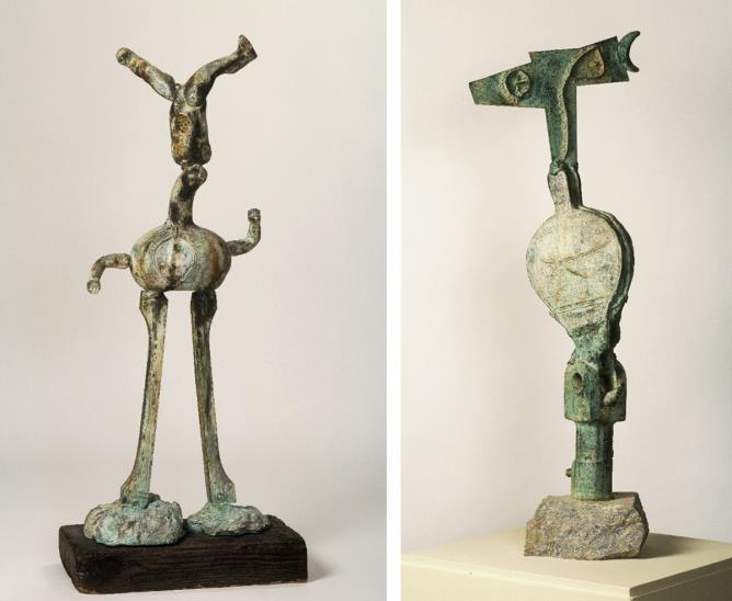 Joan Miró | À gauche : L'équilibriste, 1969, sculpture en bronze, 90x41,5x22,5 cm. À droite : Oiseau perché sur un arbre - Personnage, 1970, Sculpture en bronze, 97,5x38,5x27 cm. © Fondation Pilar et Joan Miró Mallorca