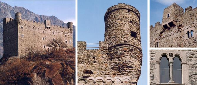 Castello di Ussel: a) il lato meridionale; b) particolare di una torretta angolare cilindrica; c) torretta quadrata, aggettante sul portone di ingresso principale; d) bifora sul lato meridionale del castello.