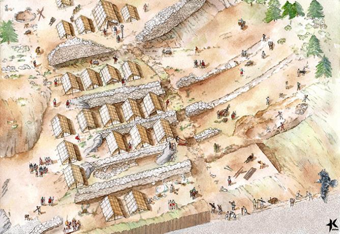 Una ricostruzione dell’accampamento militare romano di Maria Paola Boschetti per Akhet srl.